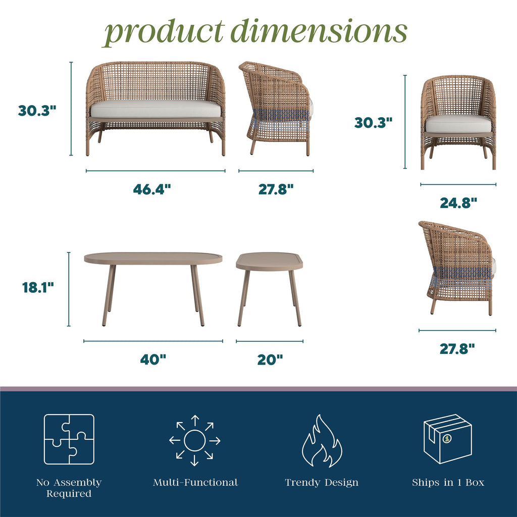 The Ava 4-Piece Wicker Conversation Set in French blue includes a loveseat, chair, coffee table, and side table. It features No Assembly Required and a Trendy Design, with highlighted measurements and icons.