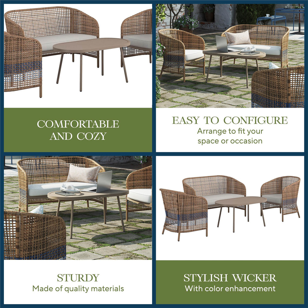 The Ava 4-Piece Wicker Conversation Set is displayed in four images featuring a loveseat, chairs, and table in French blue. Highlights include: Comfortable and Cozy, Easy to Configure, Sturdy, and Stylish Wicker with Color Enhancement. Perfect for any patio arrangement.