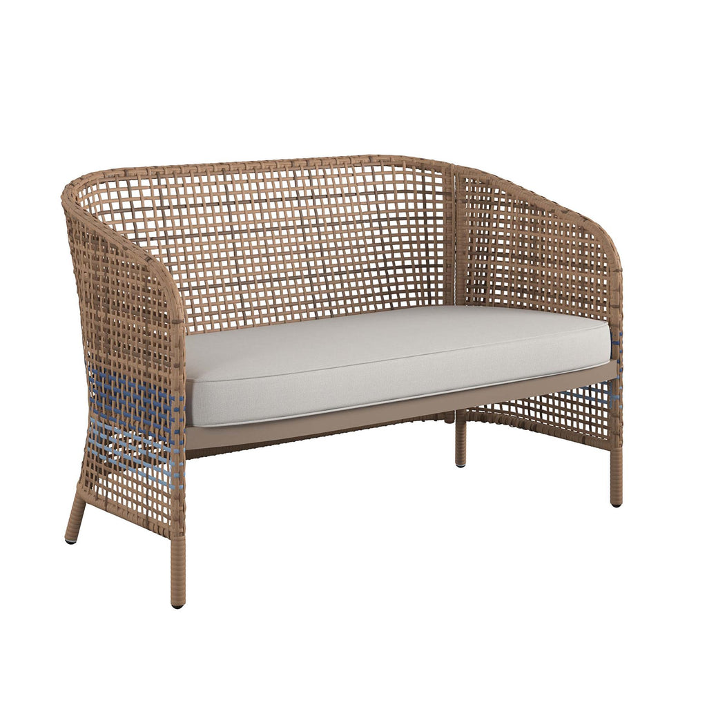 The Ava 4-Piece Wicker Conversation Set includes a French blue wicker loveseat with a curved backrest and armrests. Its light gray seat cushion complements the woven pattern, creating an open, airy appearance perfect for outdoor use, while sturdy legs ensure stability.