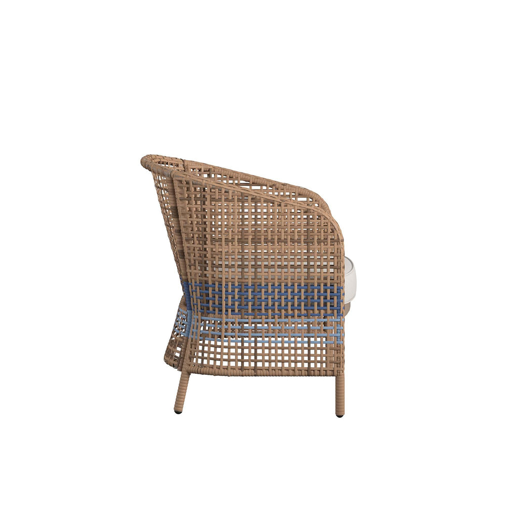 Side view of the Ava 4-Piece Wicker Conversation Set in French blue featuring a woven chair with blue cushion and sloping arms, ideal for any conversation setting.