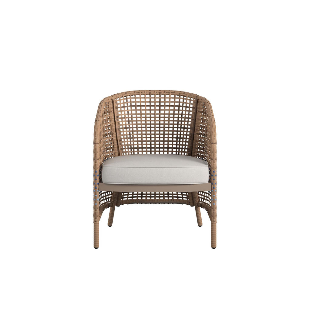 The Ava 4-Piece Wicker Conversation Set includes a French blue chair with a rounded backrest and light-colored cushion. Perfect for outdoor furniture, it combines rustic and modern design with its woven pattern and sturdy legs.