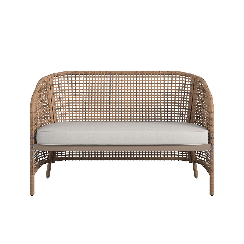 The Ava 4-Piece Wicker Conversation Set includes a rattan loveseat with a natural finish, curved back, and woven armrests. It features a light gray seat cushion and elegantly complements any outdoor furniture collection.