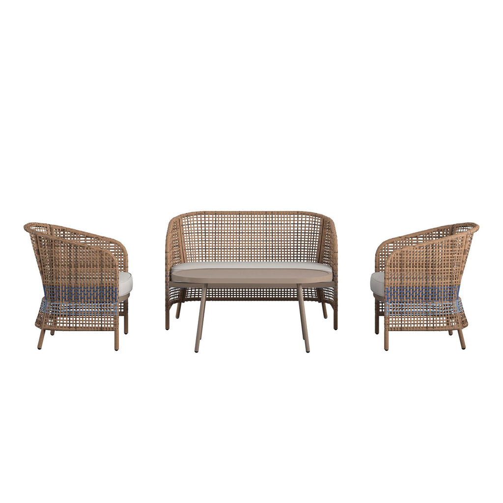 The Ava 4-Piece Wicker Conversation Set features a French blue rattan-style two-seater bench and matching armchairs, complete with neutral cushions on a plain white backdrop, offering an effortlessly elegant outdoor furniture display.