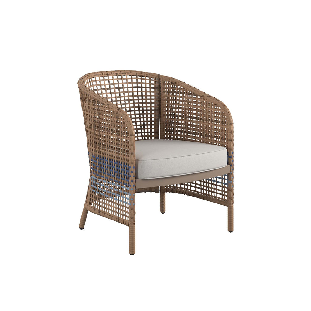 The Ava 4-Piece Wicker Conversation Set includes a French blue armchair with a rounded backrest and sides in woven brown, featuring a white seat cushion and standing on four slender legs, ideal for outdoor settings.