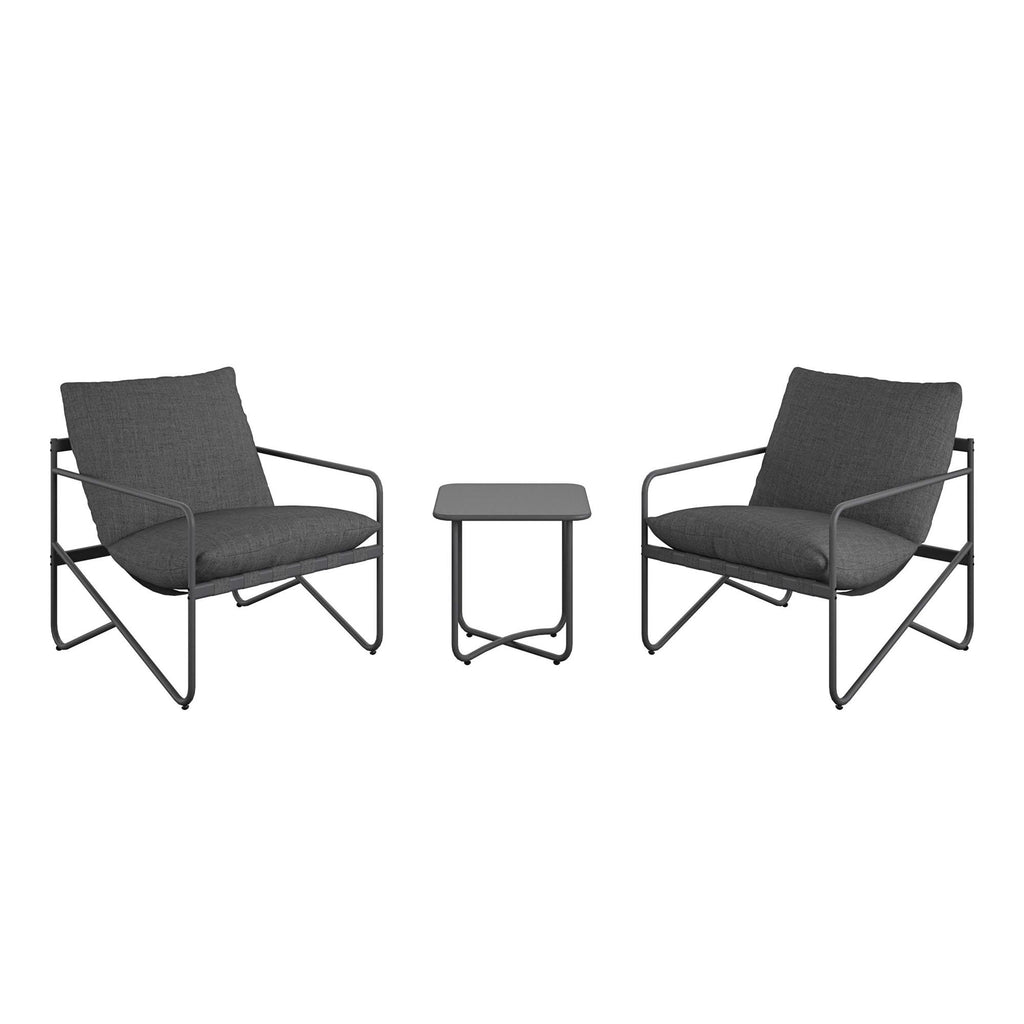 The Wrenn 3-Piece Sling and Cushion Set features two sleek modern dark gray cushioned chairs with metal frames flanking a small matching square table, perfect for adding a contemporary, minimalist touch to any outdoor lounge or patio setting.