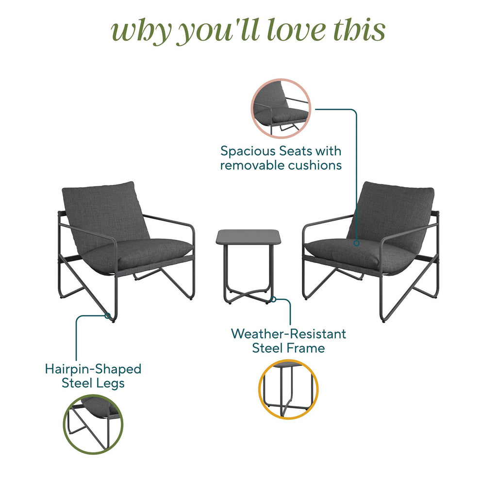 Image of two dark gray chairs and a small table with a weather-resistant steel frame. Spacious seats have removable cushions and hairpin-shaped steel legs. Text: why youll love this highlights the Wrenn 3-Piece Sling and Cushion Sets appeal for any outdoor space.