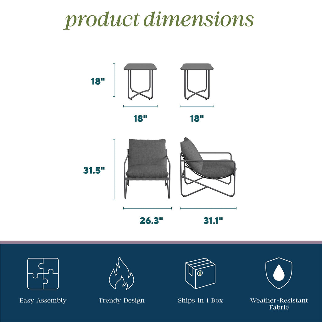 The Wrenn 3-Piece Sling and Cushion Set in Spanish Green offers a trendy design with easy assembly, single box shipping, and weather-resistant fabric. Includes two tables (18x18x18 each) and a chair (31.5H x 26.3D x 31.1W) for your outdoor space.