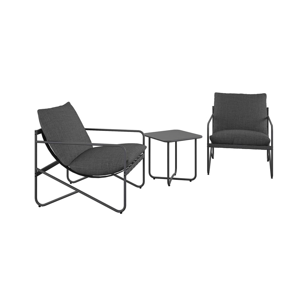 The Wrenn 3-Piece Sling and Cushion Set upgrades outdoor spaces with two lounge chairs featuring dark Spanish Green cushions, sleek metal frames, angled backs, and a minimalist design. The set includes a matching square table for ultimate relaxation with modern aesthetics.