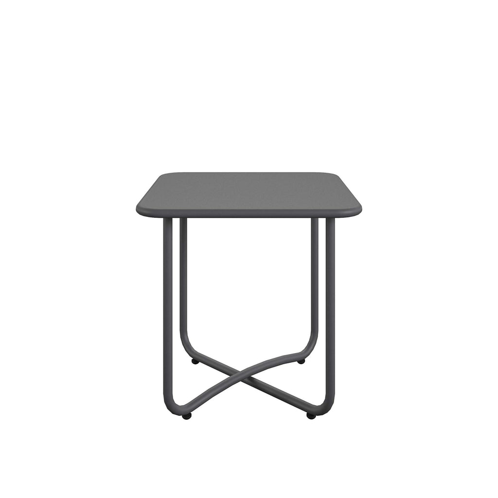 The Wrenn 3-Piece Sling and Cushion Set features a minimalist square side table with a dark gray top, rounded corners, and a metal frame with crossed legs, perfect for enhancing any outdoor space.