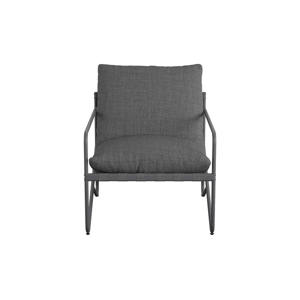 Front view of a modern armchair with dark gray cushions and a metal frame featuring thin, rounded armrests in Spanish Green, ideal for outdoor spaces and perfectly complementing the Wrenn 3-Piece Sling and Cushion Set.