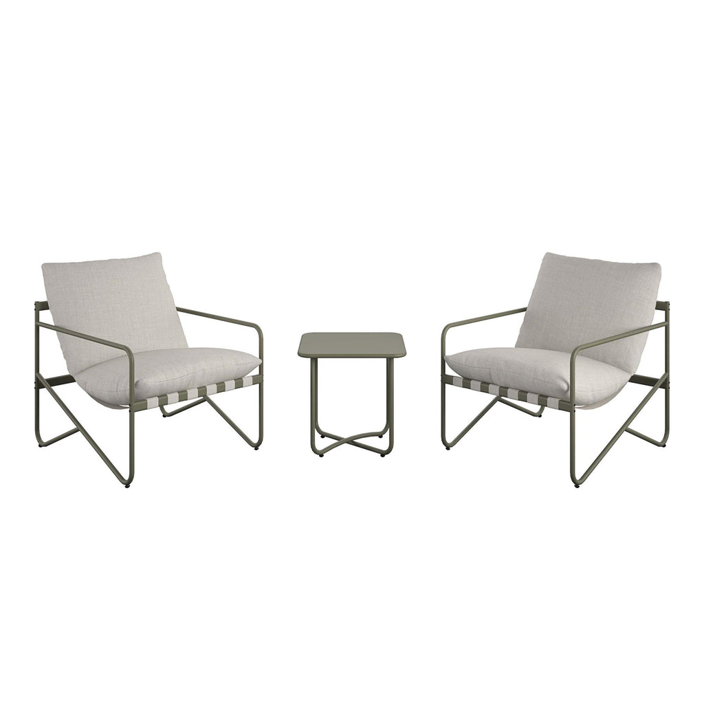 The Wrenn 3-Piece Sling and Cushion Set enhances your outdoor area with two stylish lounge chairs featuring angled metal frames and cushions, complemented by a small square side table. The minimalist design unites Spanish Green with calming neutrals for a cohesive look.