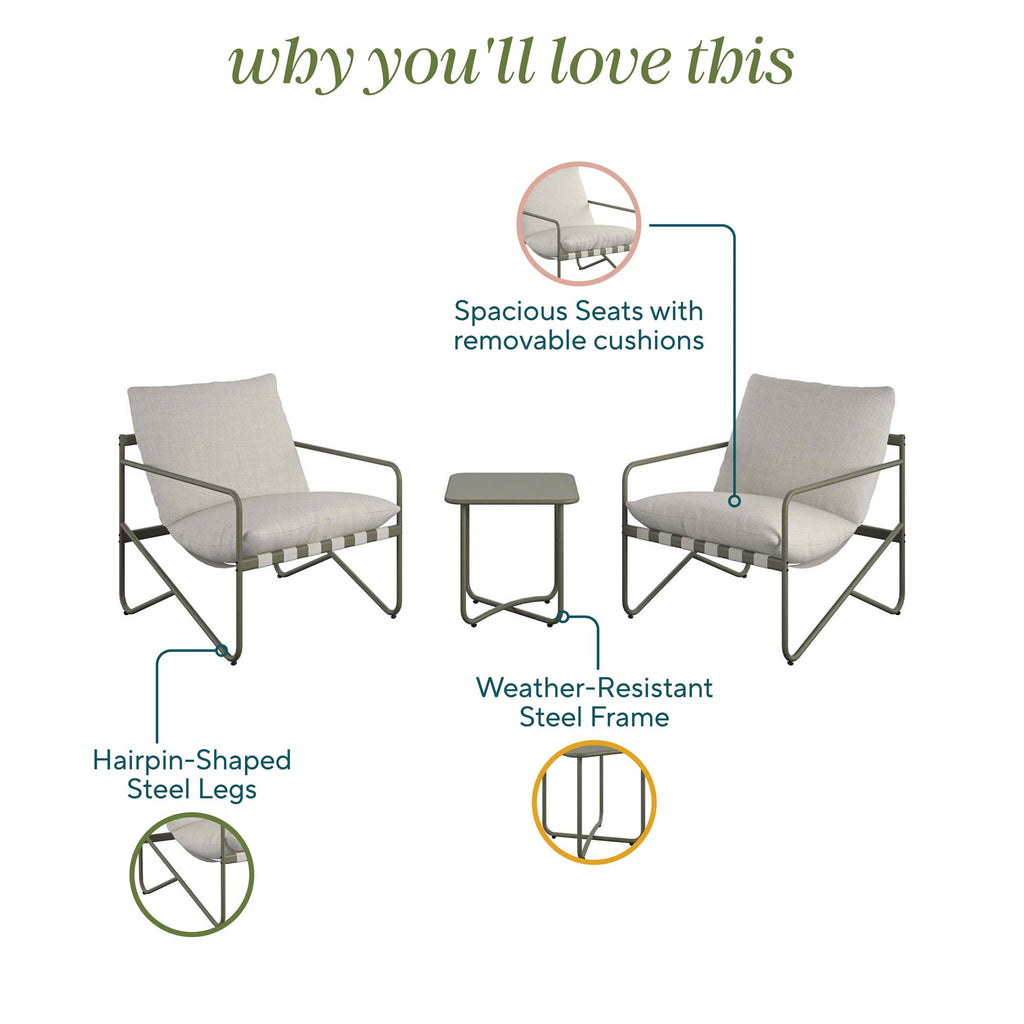 The Wrenn 3-Piece Sling and Cushion Set includes two gray cushioned chairs with hairpin-shaped steel legs and a matching small table. Perfect for outdoor areas, it offers spacious seats with removable cushions on a weather-resistant steel frame. Find out why this set is ideal for you.