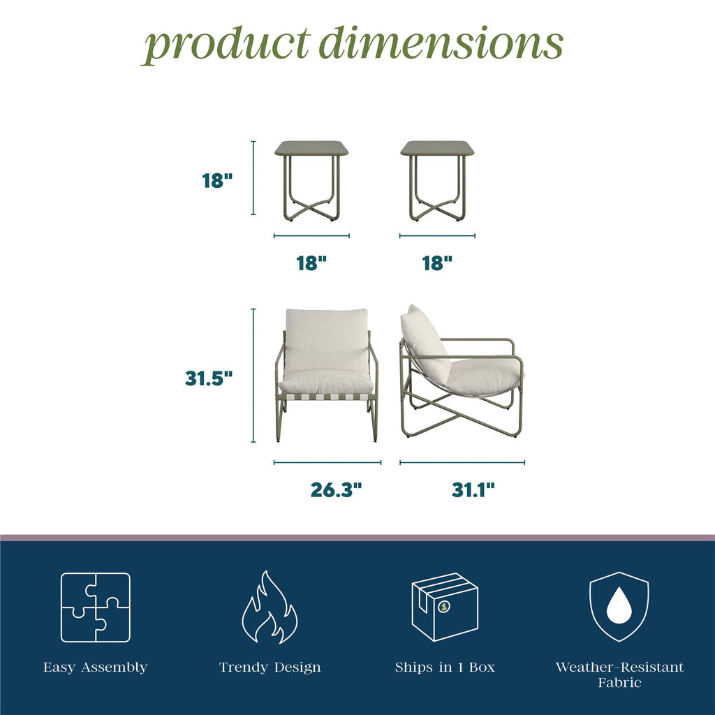 The Wrenn 3-Piece Sling and Cushion Set in Spanish Green, showcasing a trendy design and weather-resistant fabric, includes two square tables (18x18x18) and a chair (31.5H x 26.3W x 31.1D), featuring easy assembly, perfect for any outdoor space.