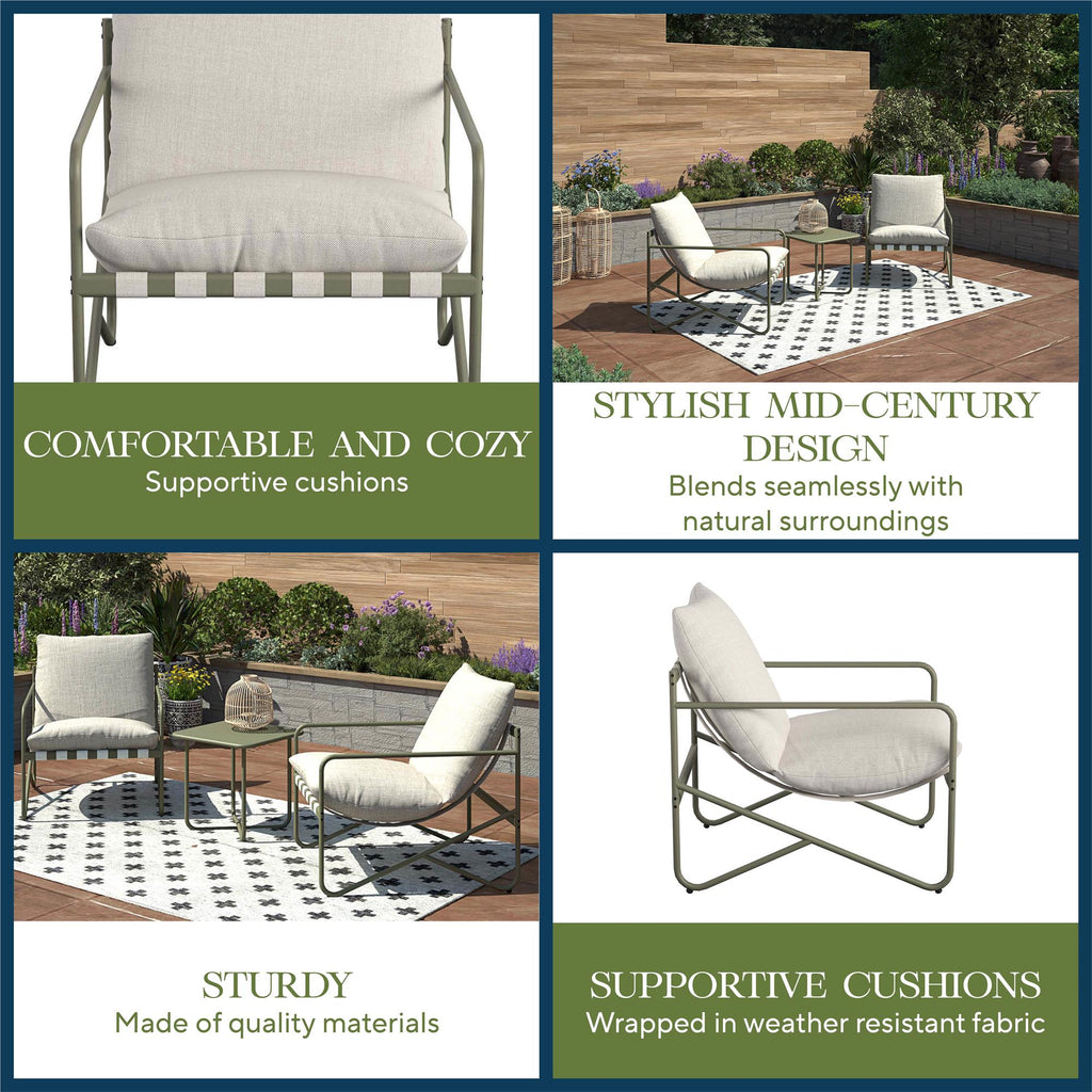 A collage displays the Wrenn 3-Piece Sling and Cushion Set, including two cushioned chairs and a table on a patterned rug, showcasing Spanish Green cushions, mid-century design, sturdy build, and weather-resistant fabric—perfect for a garden patios outdoor setting.