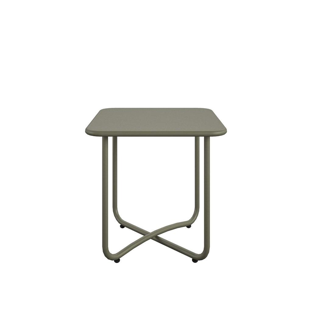 The Spanish Green square table, featuring a crossed metal base, rounded edges, and minimalist design, brings modern style to any outdoor area. Its smooth surface pairs perfectly with the Wrenn 3-Piece Sling and Cushion Set to enhance your spaces aesthetic.