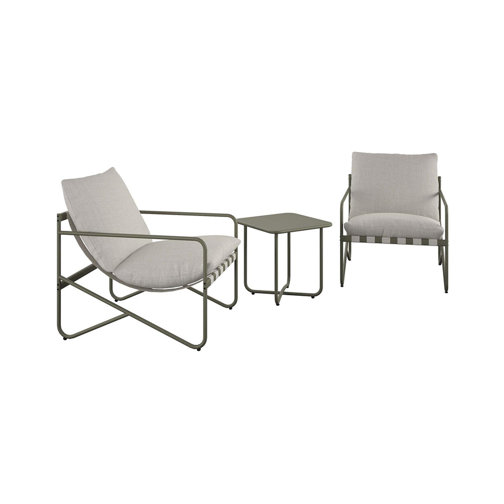 Enhance your outdoor area with the modern Wrenn 3-Piece Sling and Cushion Set, featuring a large chair, small chair, and square table, all with robust metal frames. The chairs have light gray cushions that pair beautifully with the Spanish Green accents on the chic table.