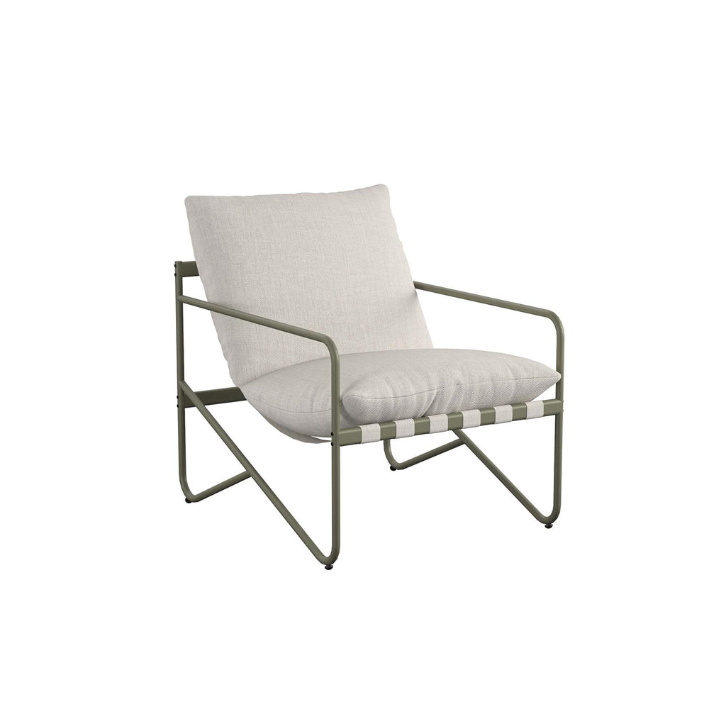 Inspired by the Wrenn 3-Piece Sling and Cushion Set, this modern armchair boasts a Spanish Green metal frame with sleek lines and a white cushioned seat and backrest, perfect for enhancing your outdoor space.