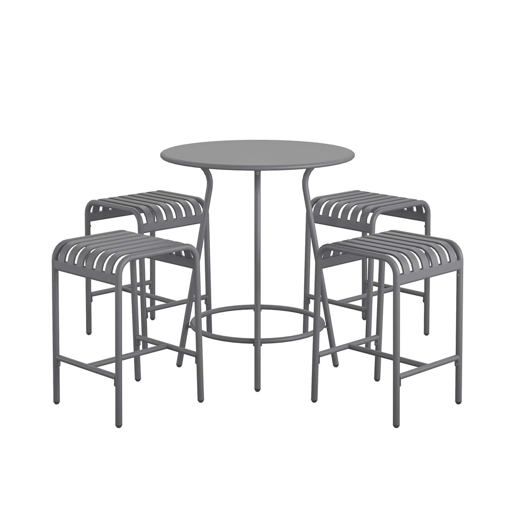 The Ola 5-Piece High Dining Set is a minimalist gray metal ensemble with a tall round table and four matching stools, crafted from high-quality steel. Its tubular design provides comfortable seating symmetrically arranged around the table.