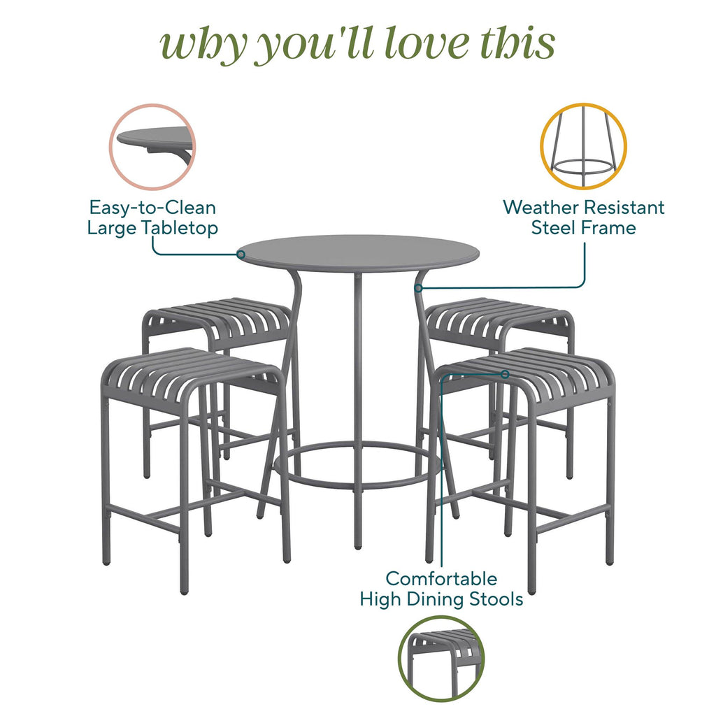 Diagram of the Ola 5-Piece High Dining Set with a round table and four stools. Features include an easy-to-clean large tabletop, weather-resistant design, high-quality steel frame, and comfortable high dining stools.