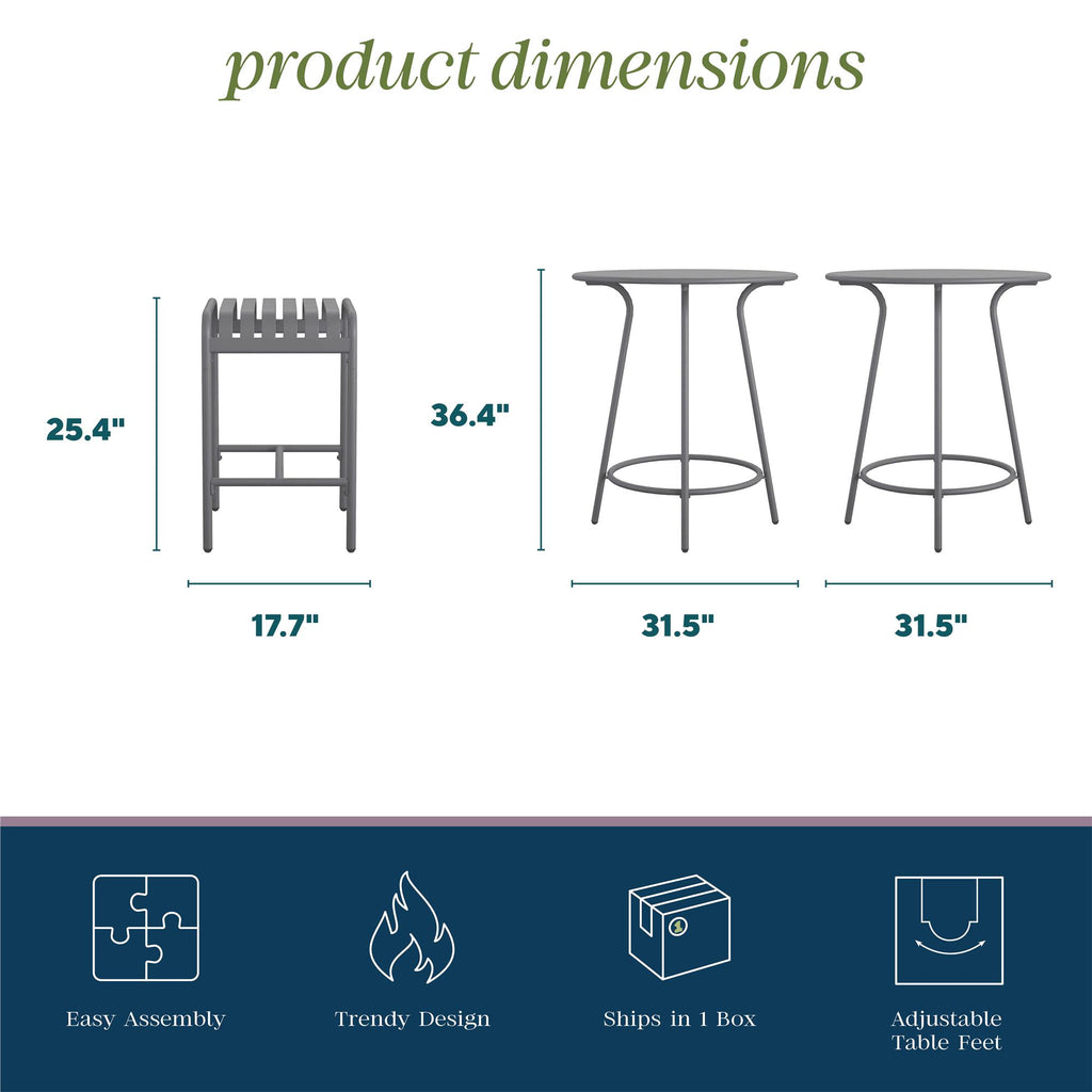 The Ola 5-Piece High Dining Set includes a trendy stool (25.4 H x 17.7 W) and two tables (36.4 H x 31.5 W each), featuring easy assembly, comfortable seating, adjustable table feet, and ships in one box.