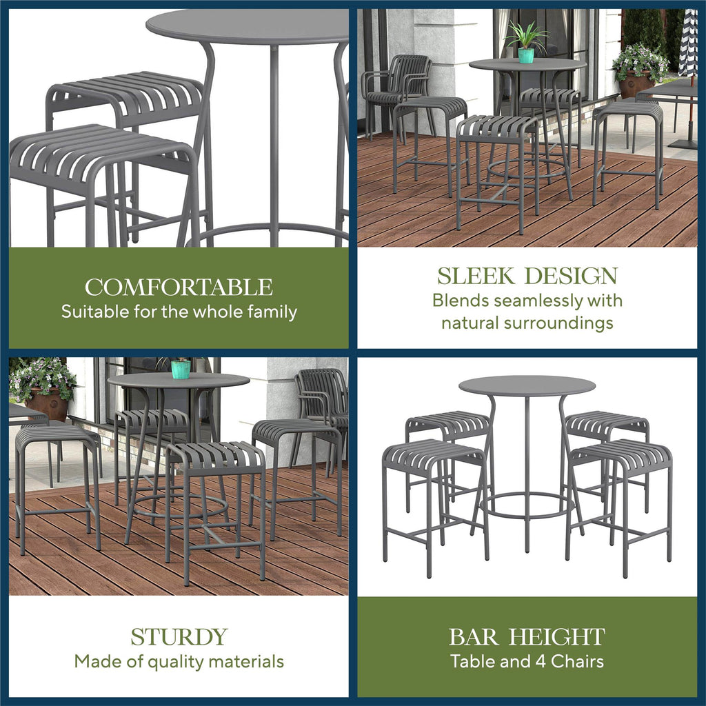 The Ola 5-Piece High Dining Set, displayed in a grid format, features high-quality steel construction. It includes a bar-height table and four striped chairs for comfortable seating, making it perfect for family use and blending seamlessly with natural surroundings.