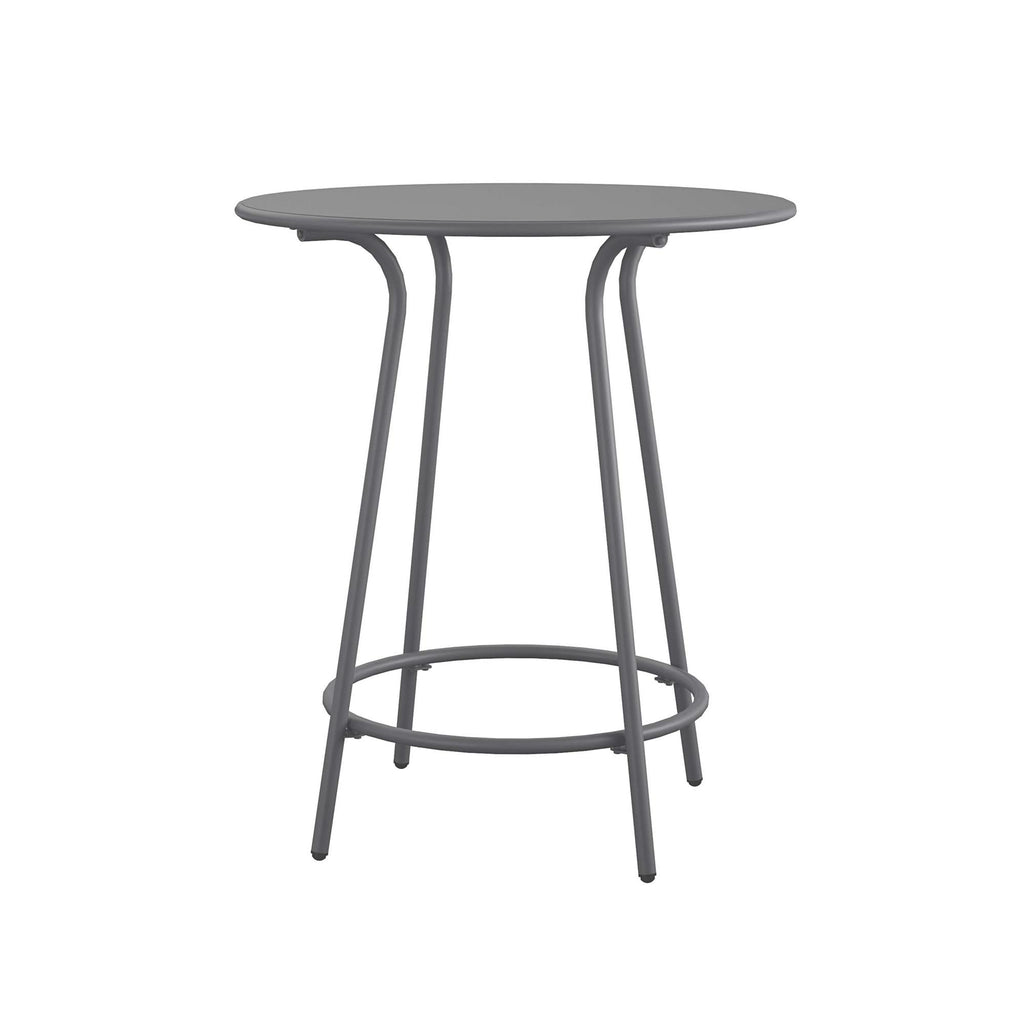 The Ola 5-Piece High Dining Set includes a gray metal round table made from high-quality steel, featuring a minimalist design with a smooth tabletop and four slender legs connected by a circular support at the base.