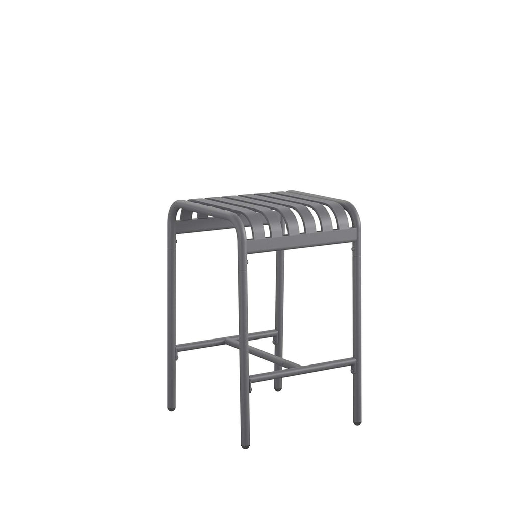 The Ola 5-Piece High Dining Set includes a modern, minimalist gray stool with a slatted seat and steel frame. Its four legs and sturdy yet lightweight design make it ideal for both indoor and outdoor use, complementing any high dining area.