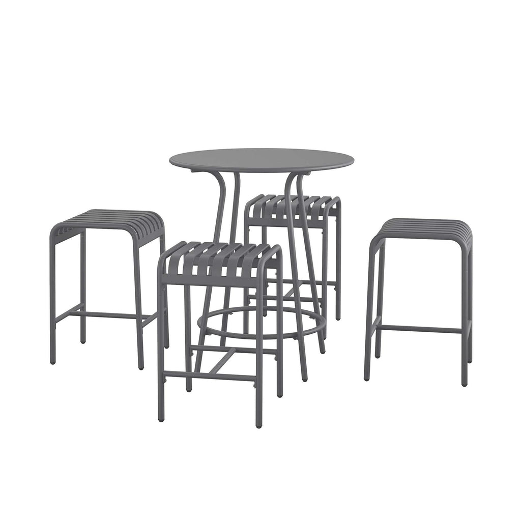 The Ola 5-Piece High Dining Set is a minimalist, modern set with a round steel table and four bar stools. Each stool features a comfortable curved, slatted seat and footrest design, all finished in neutral gray.