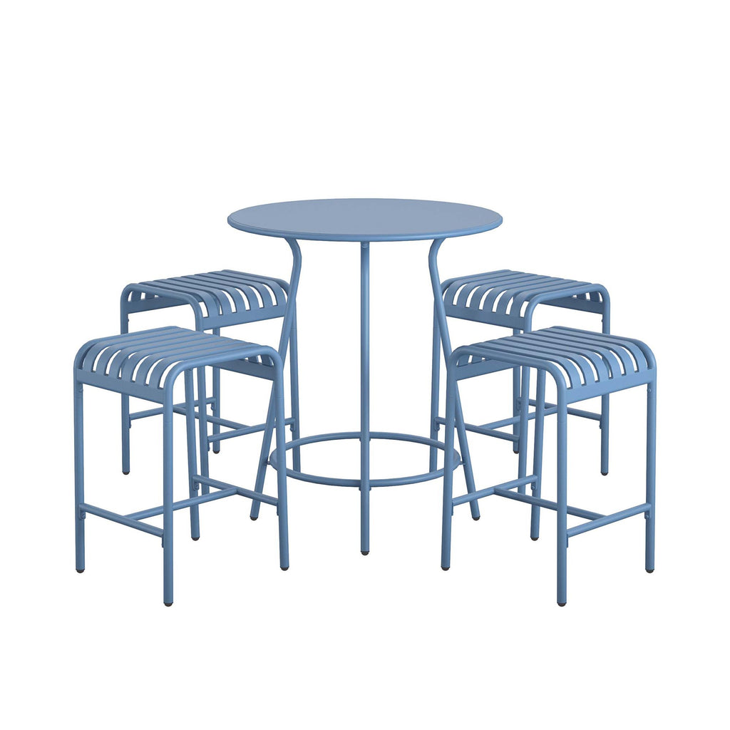 The Ola 5-Piece High Dining Set is a minimalist blue metal patio set, crafted from high-quality steel. It features a round table and four matching stools with slatted seats, combining simplicity with modern design for comfortable outdoor seating.