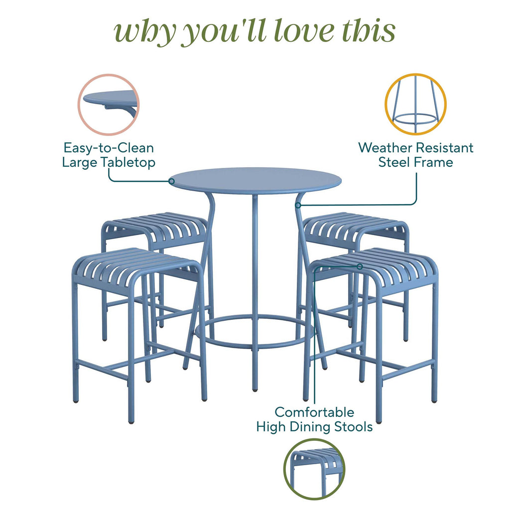 The Ola 5-Piece High Dining Set offers a stylish design with a blue round table and four stools. It features an easy-to-clean tabletop, high-quality steel frame, and comfortable seating, perfect for an inviting outdoor dining experience.