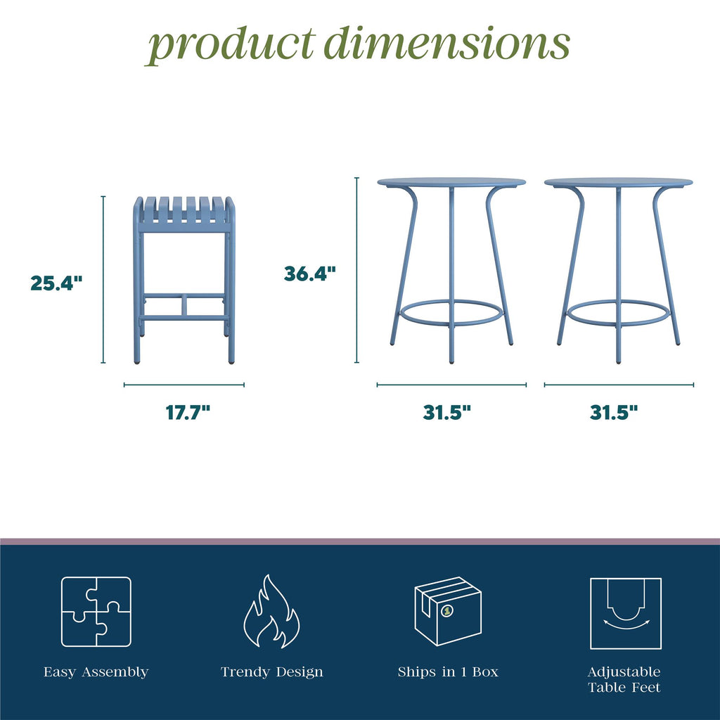 The Ola 5-Piece High Dining Set includes a 25.4 high, 17.7 wide bar stool and two tables at 36.4 high and 31.5 wide, all designed for comfort and style, with easy assembly, adjustable feet, and ships in one box.