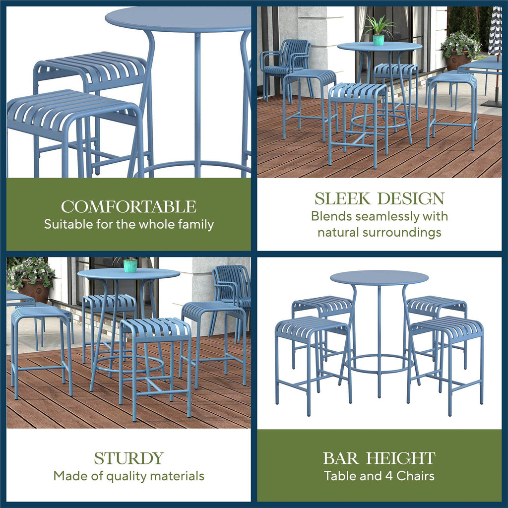 The Ola 5-Piece High Dining Set features a sleek, blue bar-height table and four matching steel chairs, perfect for comfortable seating on a wooden deck. Highlights: Comfortable Seating, Sleek Design, Sturdy, and Bar Height, with greenery in the backdrop.