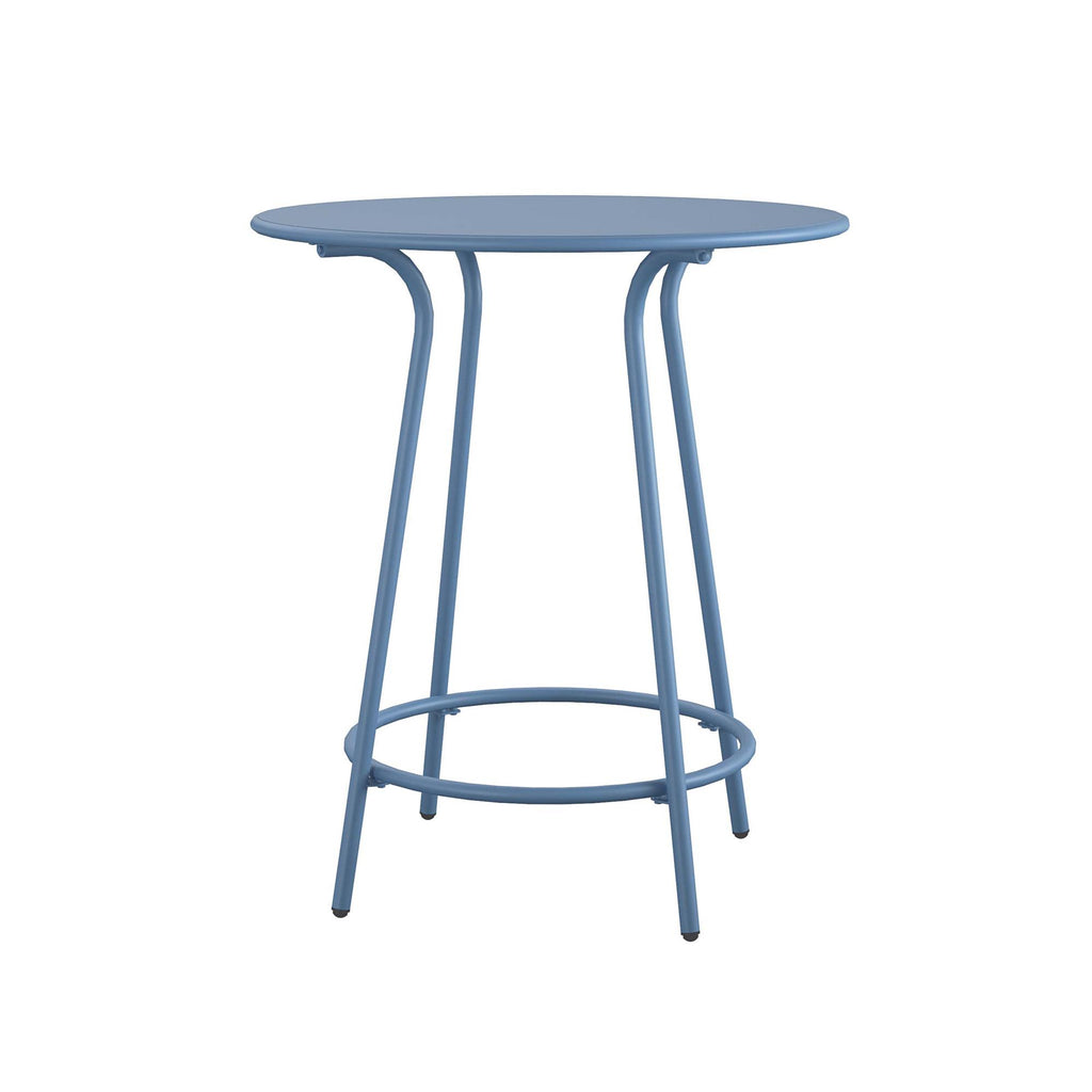 The Ola 5-Piece High Dining Set includes a small, round, blue metal table featuring a flat top and four slender outward-curving legs connected by a circular support, crafted in high-quality steel for style and durability.