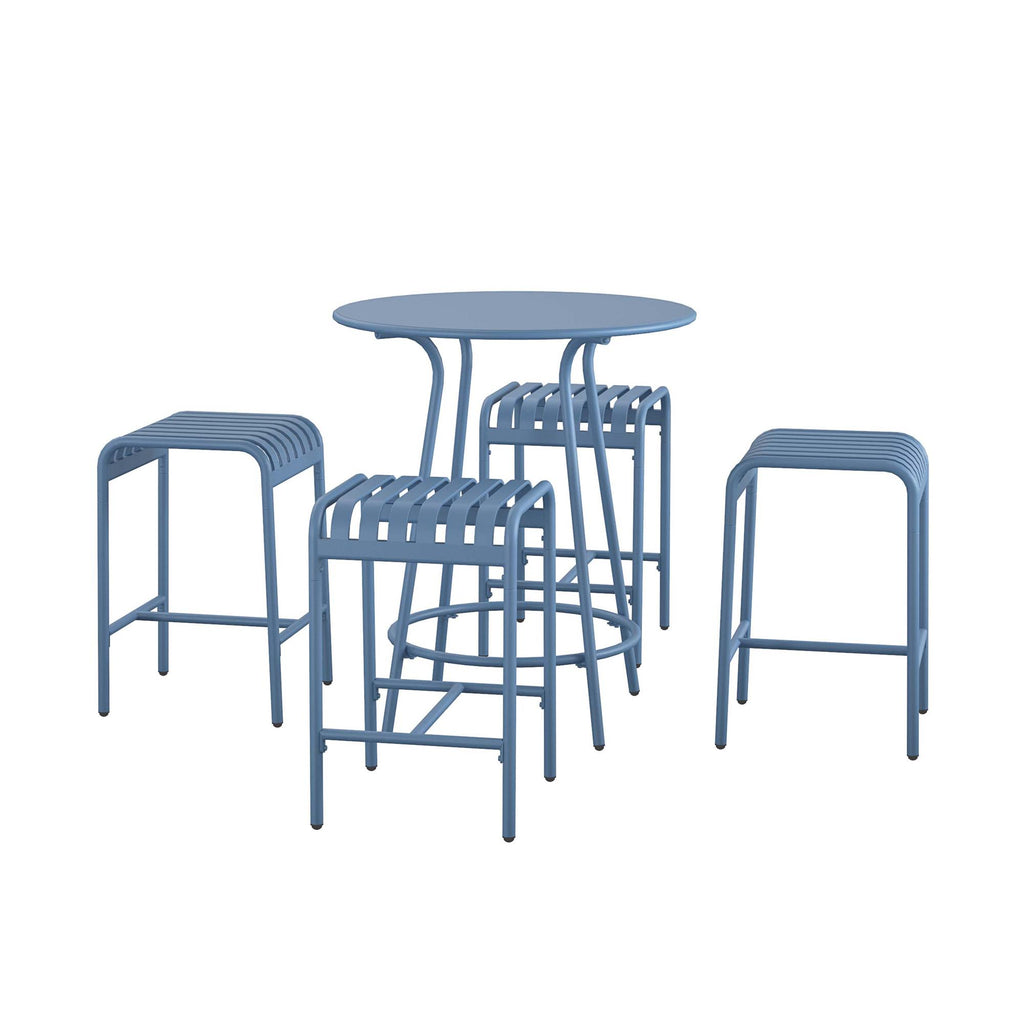 The Ola 5-Piece High Dining Set is a blue outdoor patio set featuring a round table and four slatted stools made from high-quality steel. The metal frame ensures comfortable seating while providing a simple, modern look for enjoyable gatherings.