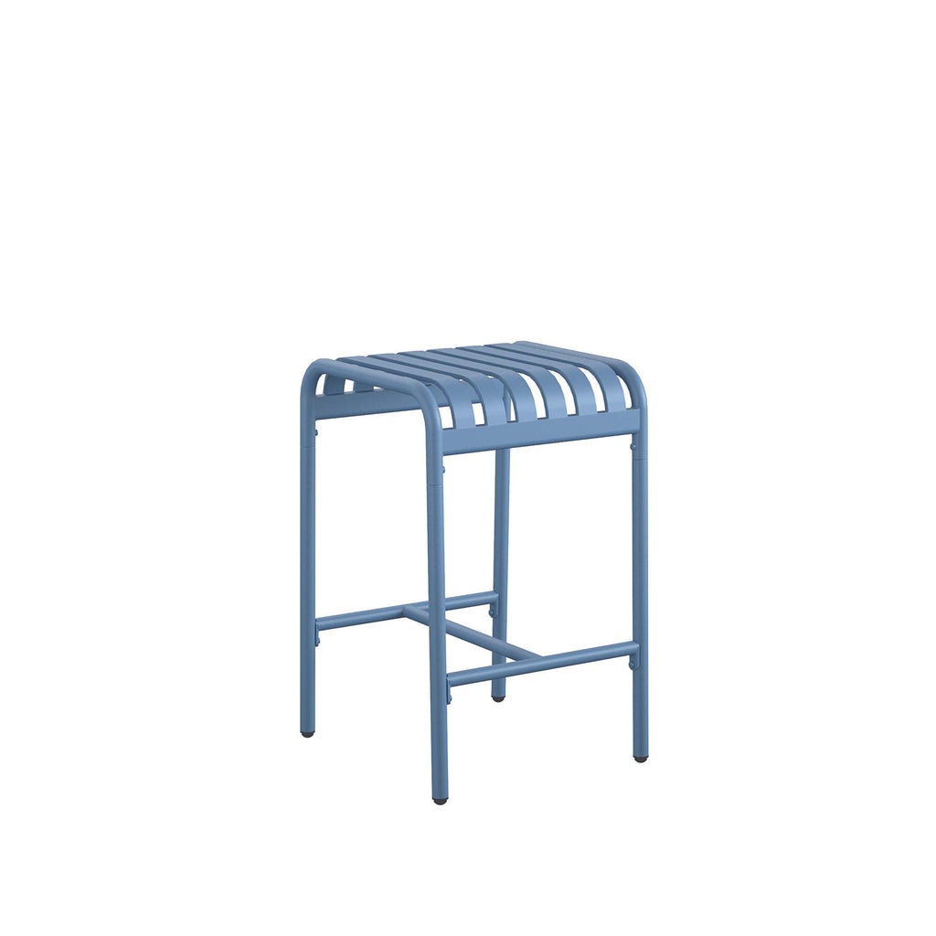 The Ola 5-Piece High Dining Set features a blue metal stool made of high-quality steel, with a minimalist design that includes a slatted seat, four sturdy legs, and a footrest bar for comfortable seating.