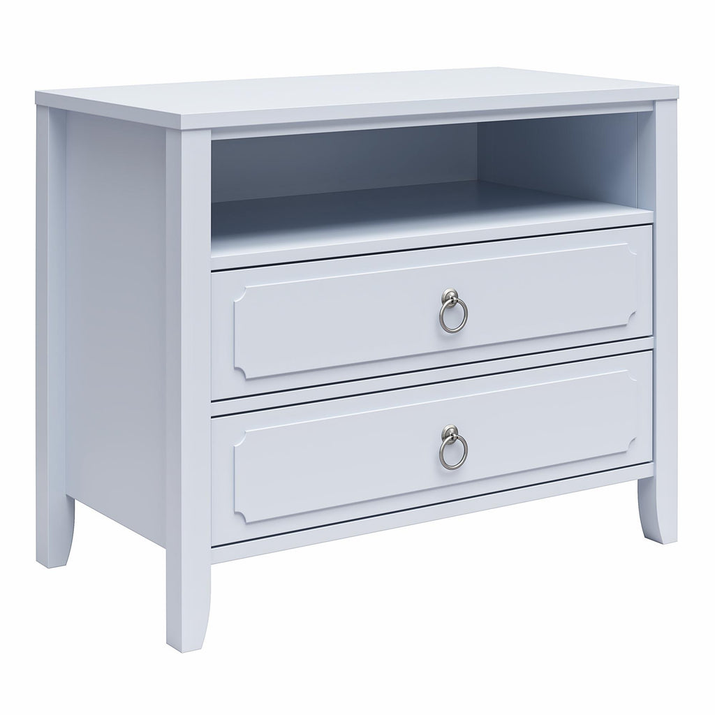 The Her Majesty 2 Drawer Nightstand by Novogratz shines with its elegant light gray wood finish, featuring two drawers with silver ring pulls and a handy open shelf. Its sturdy legs complete the simple, modern design.