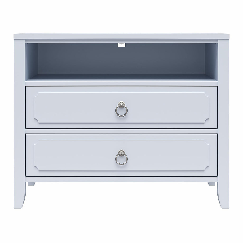 The Her Majesty 2 Drawer Nightstand has a simple, elegant style with two drawers featuring round metal handles, plus an open shelf for extra storage. This white wooden nightstand adds modern sophistication to any bedroom.