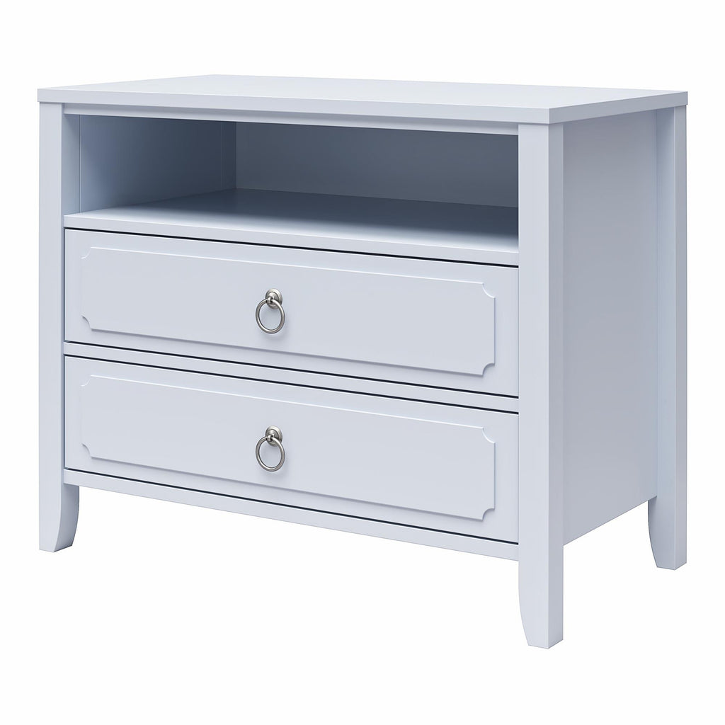 The Her Majesty 2 Drawer Nightstand features an elegant white wood finish, two drawers with round metal handles, and an open top shelf. Its simple modern design is complemented by slightly tapered legs.