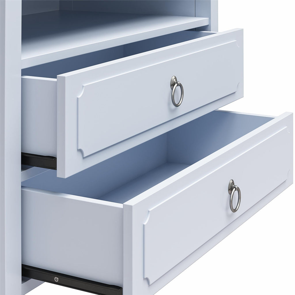 The Her Majesty 2 Drawer Nightstand by Novogratz flaunts two open light blue drawers with round metal handles. It combines elegant style with a simple design, featuring subtle detailing on the edges.