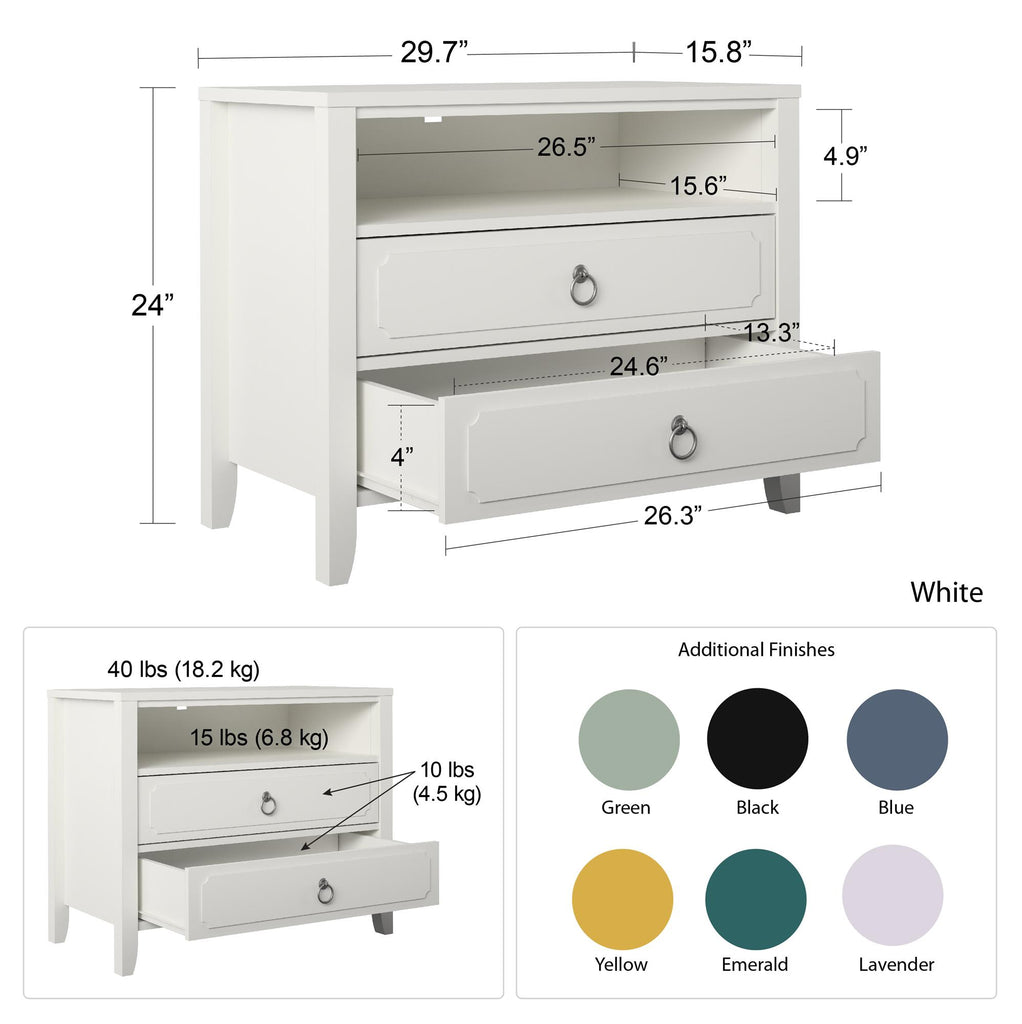 The Her Majesty 2 Drawer Nightstand by Novogratz showcases an elegant white wooden design with two drawers and an open shelf. Measuring 29.7 W x 24 H x 15.8 D, it supports up to 40 lbs and is available in green, black, blue, yellow, emerald, and lavender finishes.