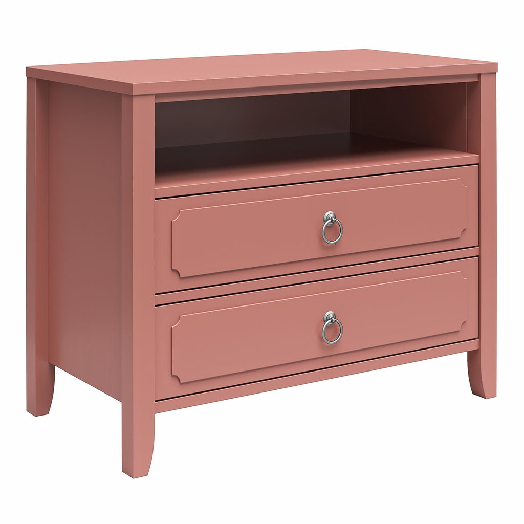 The Her Majesty 2 Drawer Nightstand is a compact pink wooden piece with two drawers featuring silver ring handles and a shelf above. It combines modern simplicity with elegance, supported by four short legs for stability.