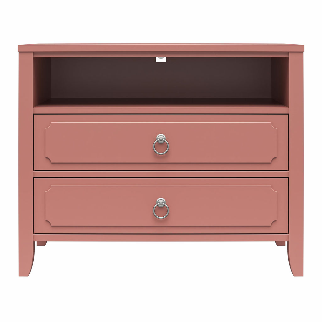 The Her Majesty 2 Drawer Nightstand in pink features two drawers with silver ring handles, a small open shelf at the top, and four short legs, offering a minimalist elegance perfect for use as an elegant nightstand.