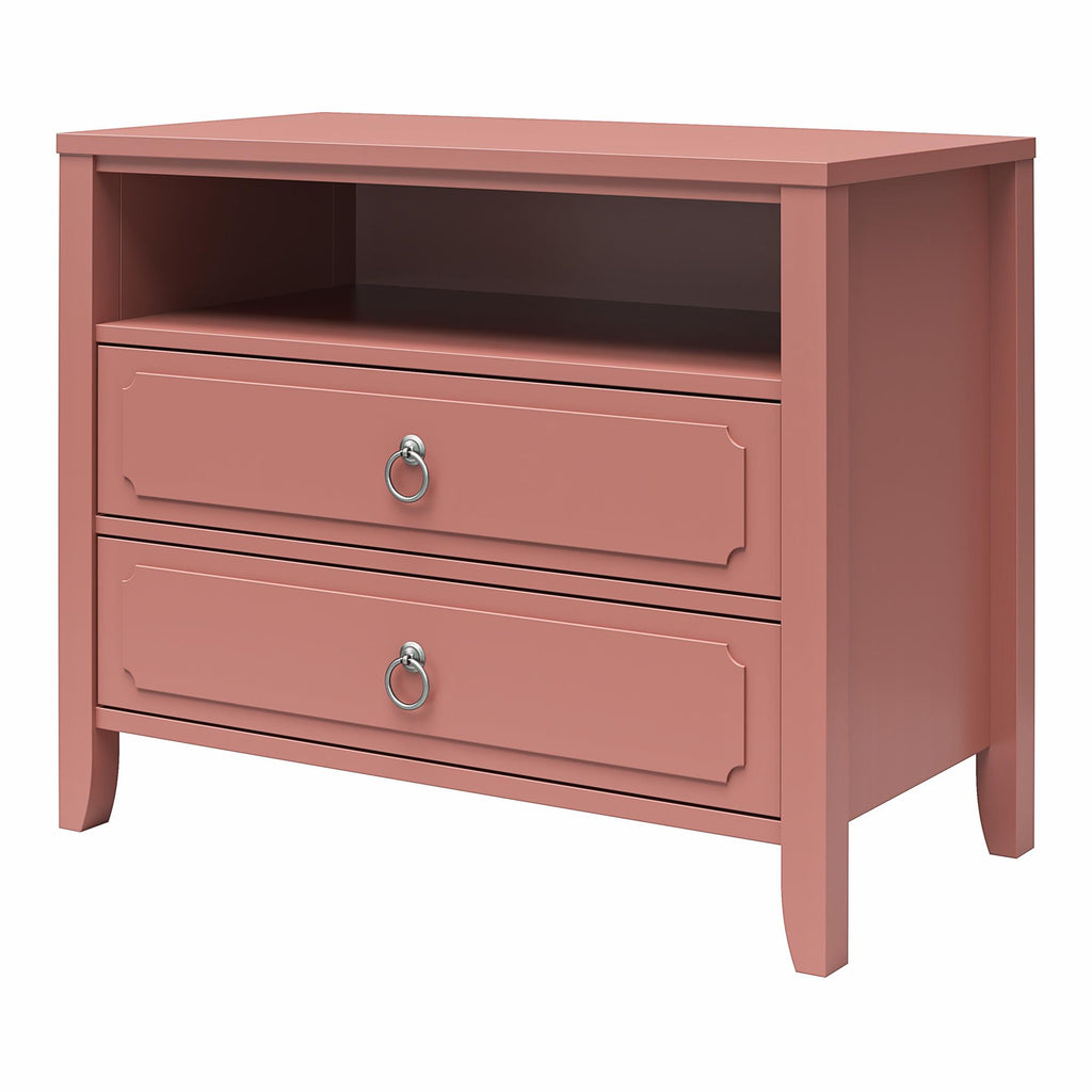 The Her Majesty 2 Drawer Nightstand is a pink wooden dresser with an elegant style, featuring two drawers, metal ring handles, a flat top, and an open shelf above the drawers. It stands on four short legs.