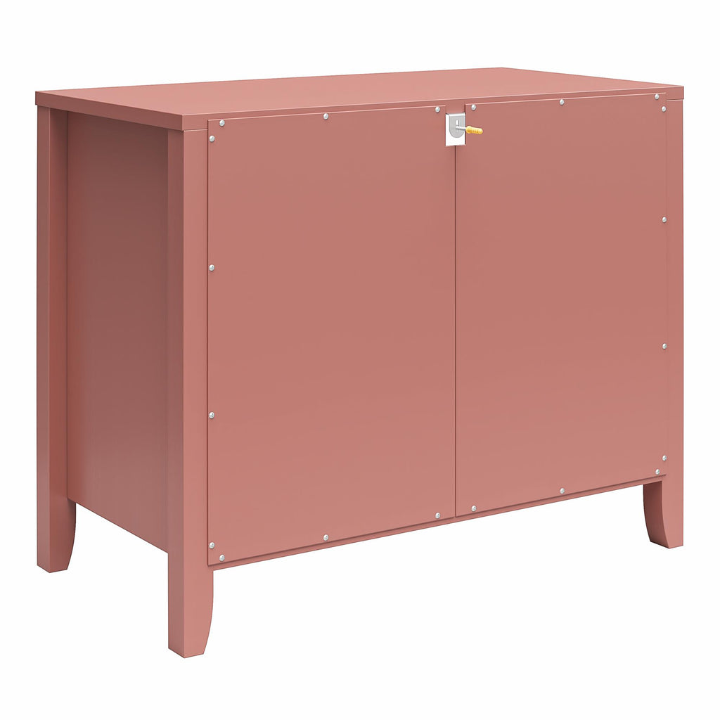 The pink Her Majesty 2 Drawer Nightstand showcases an elegant style with two secure doors and a small lock. Its smooth surface and sturdy design make it both practical and charming, while standing gracefully on four legs.