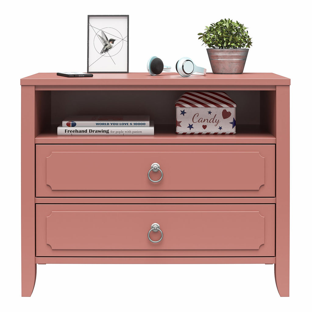 The Her Majesty 2 Drawer Nightstand, in an elegant terracotta hue, features two drawers and an open shelf displaying a book, a small American flag box, and a plant in a metallic pot. Its perfect for holding your smartphone and headphones gracefully.