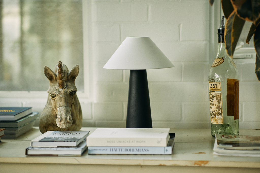 A cozy windowsill display showcases a unicorn bust and a sleek Hutton 18 Table Lamp alongside an empty bottle. Books are stacked neatly, adding literary charm to this industrial design-inspired scene.